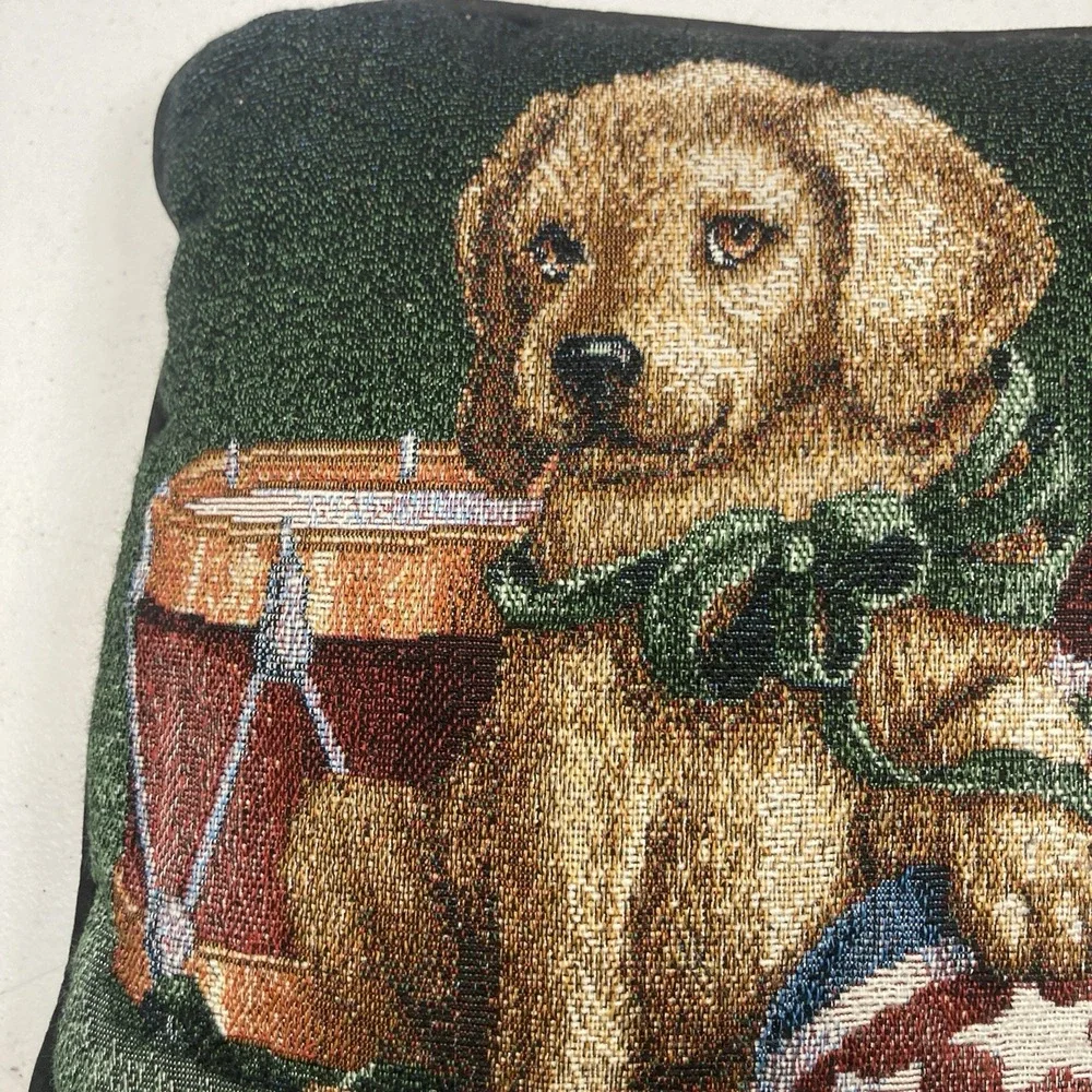 Vtg Puppy Lab Dog Christmas Tapestry Small‎ Decorative Throw Pillow Presents 11